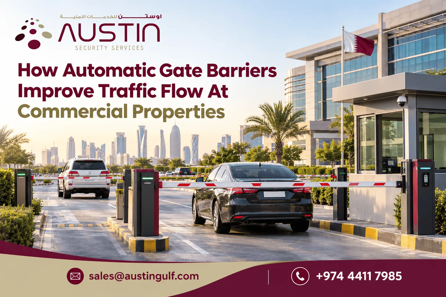 Automatic gate barrier controlling vehicle entry at a commercial property in Qatar